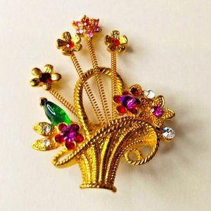 Sproingy Gold Flower Basket with Spring mounted Flowers Broach vintage